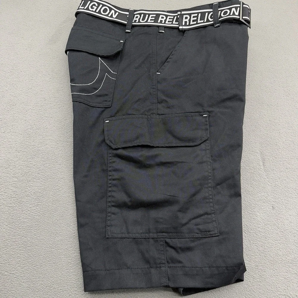 True Religion Belted Utility Cargo Shorts Mens 34 Black Contrast Stitch 12